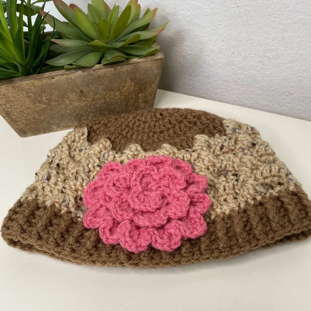 Handmade Crochet Flower Hat For Kids‎ Brown Pink